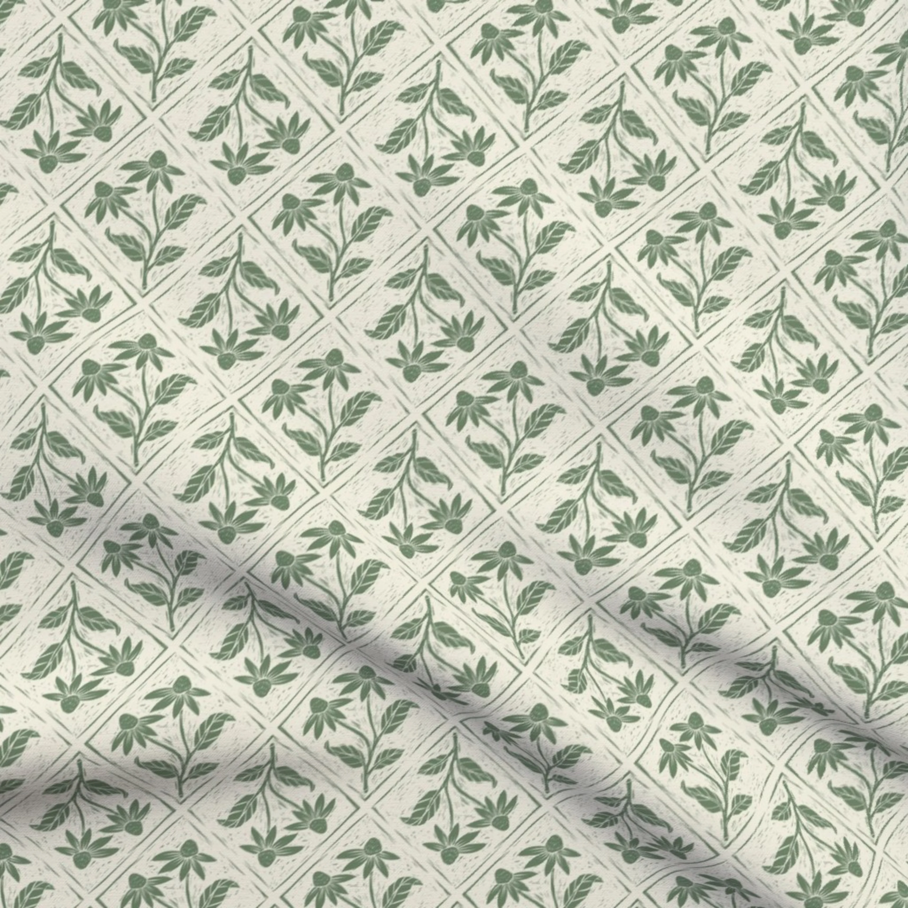 Block print wildflowers seaweed green Fabric by moniquebeaudincollections