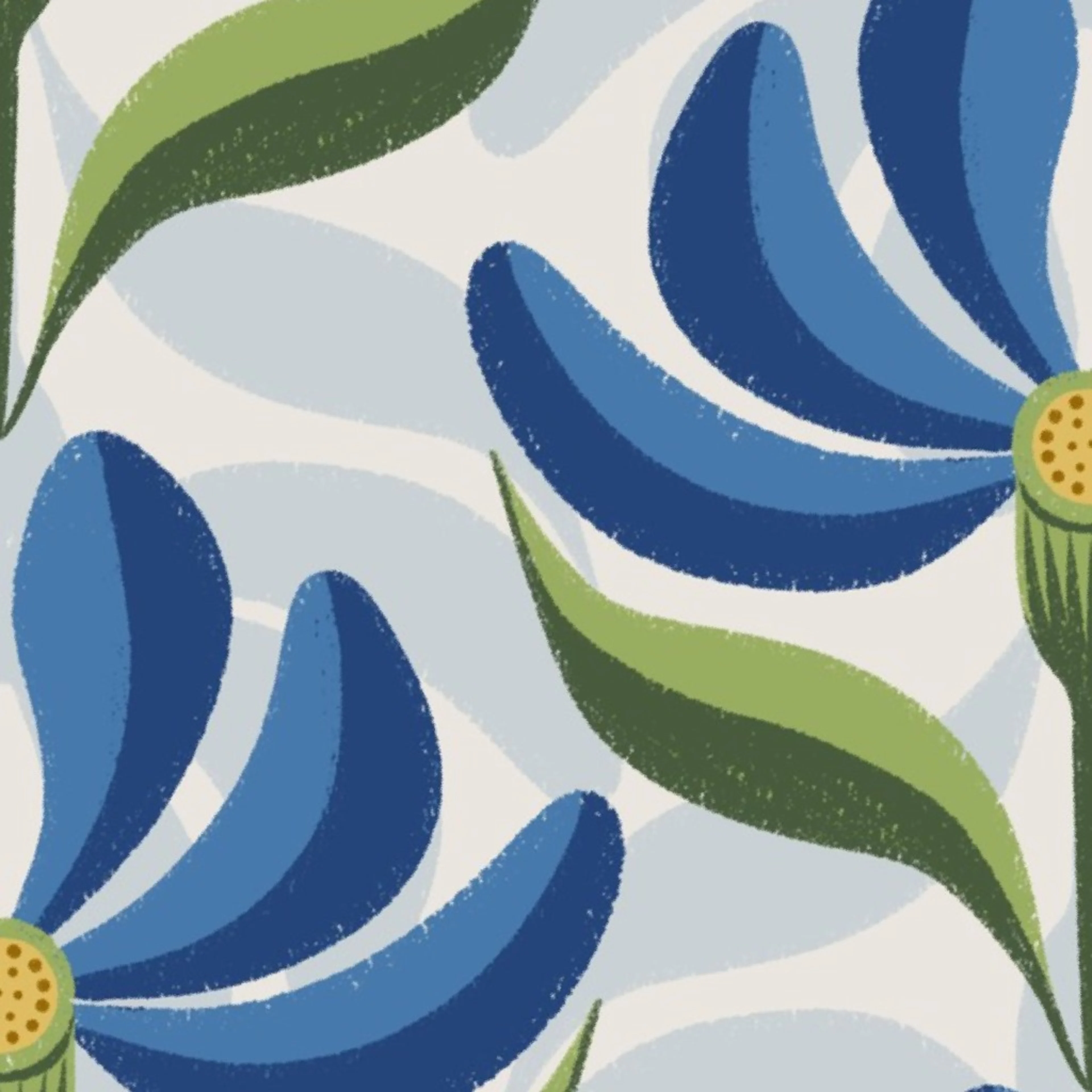 Retro Floral in Royal Blue Green on Ivory White Geometric Wallpaper by bobbieval