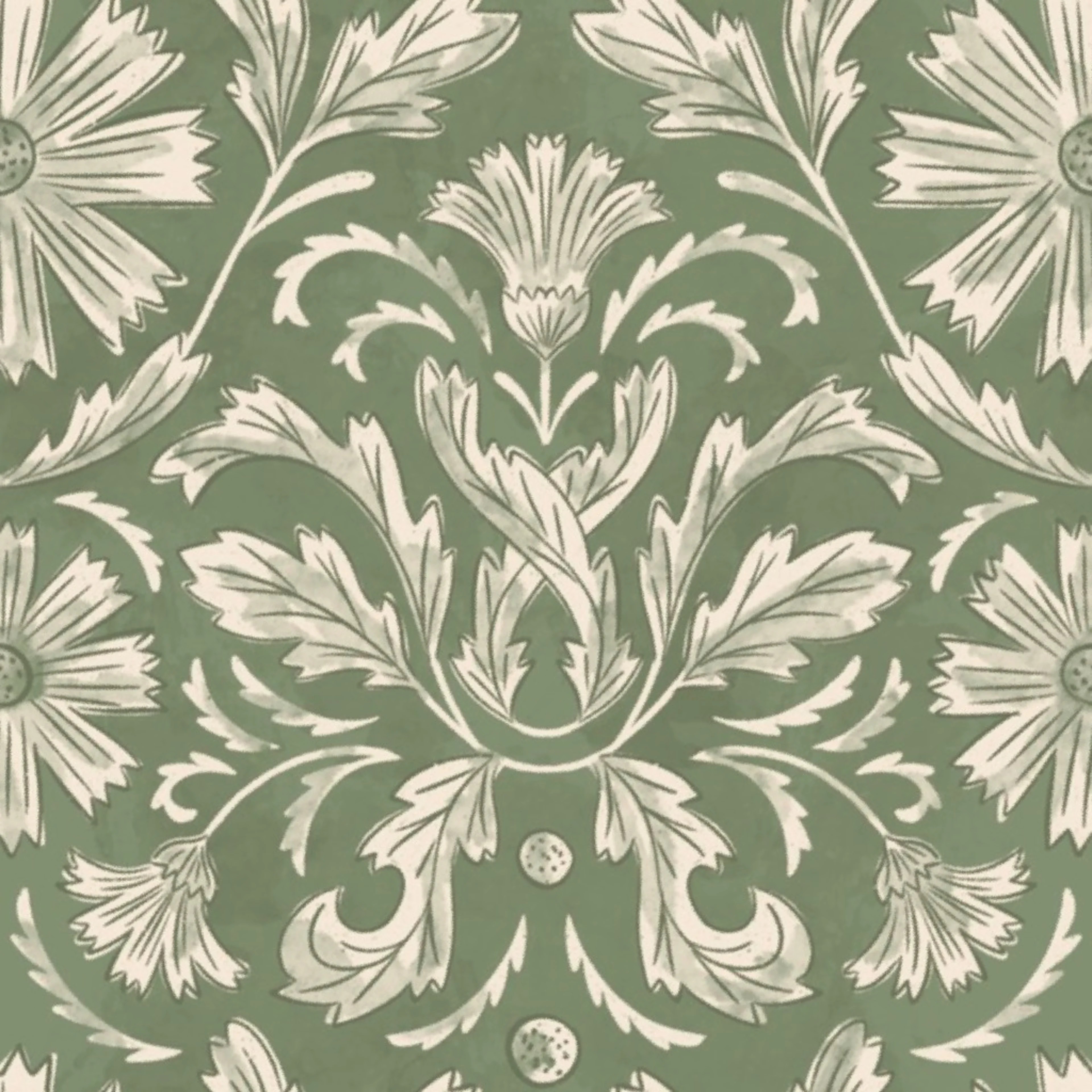 French Country Florals and Leaves in Moss Green and off white Wallpaper by jen_owens