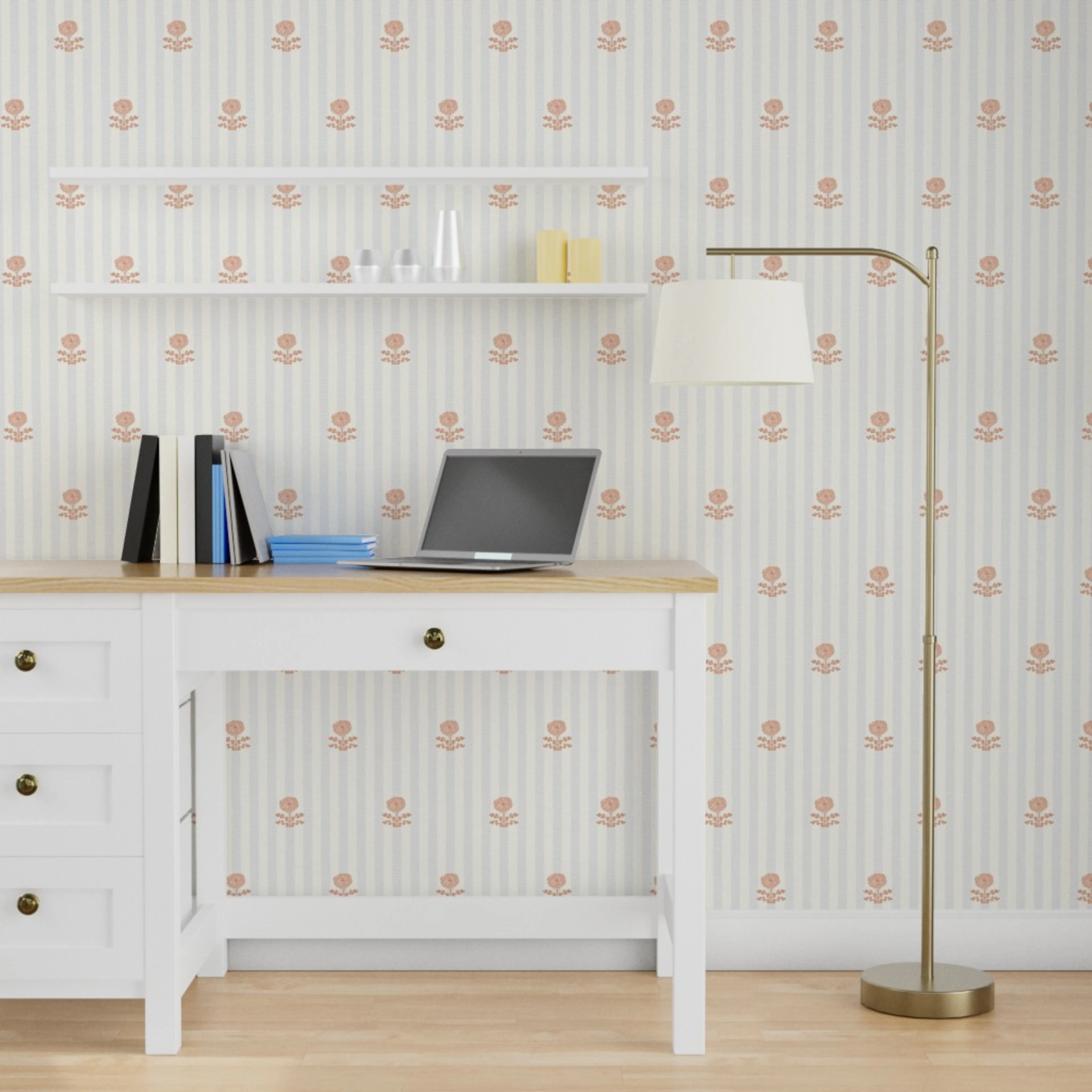 Desk area with stripe and block print wallpaper.