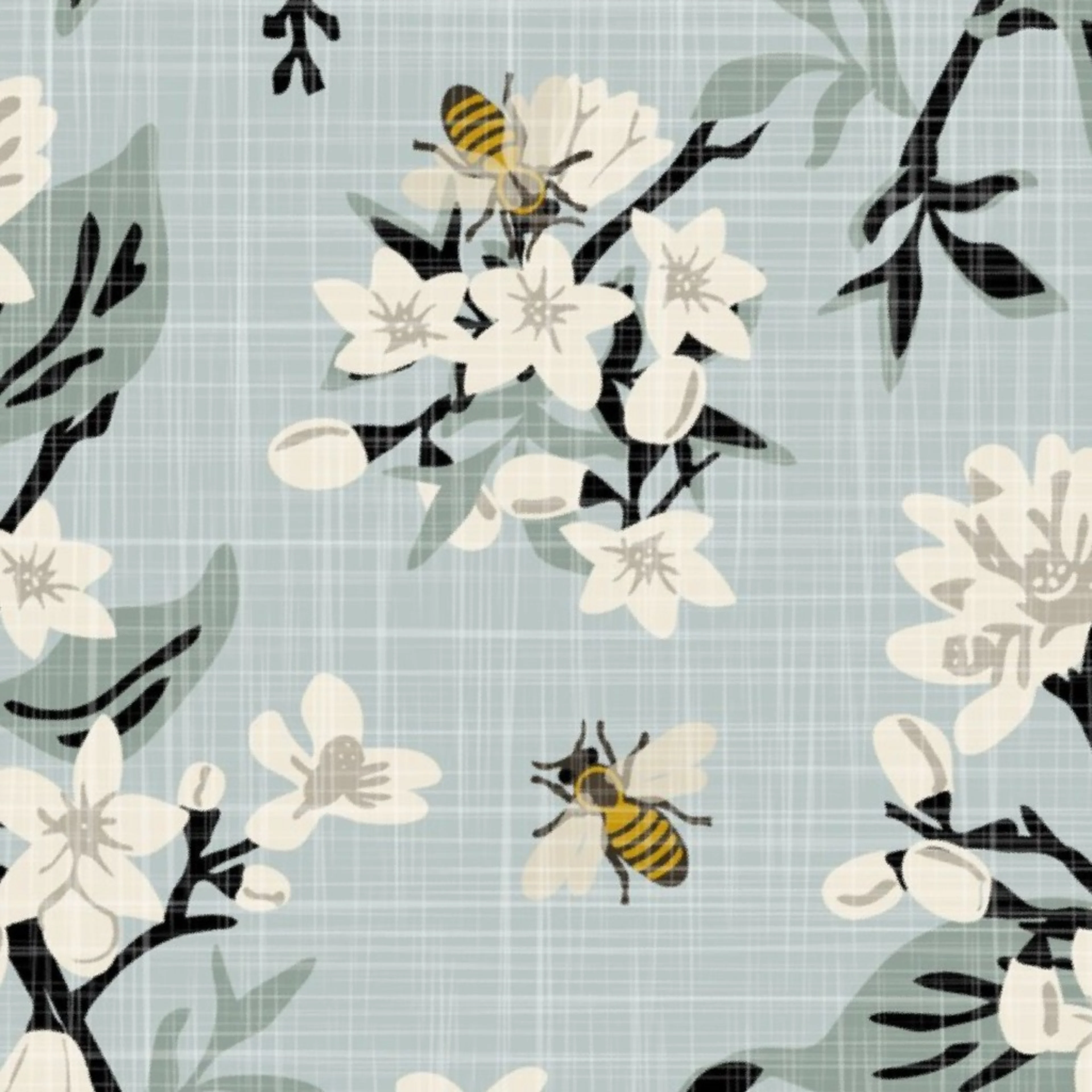 Flowers & Bees - Linen Texture Wallpaper by fernlesliestudio