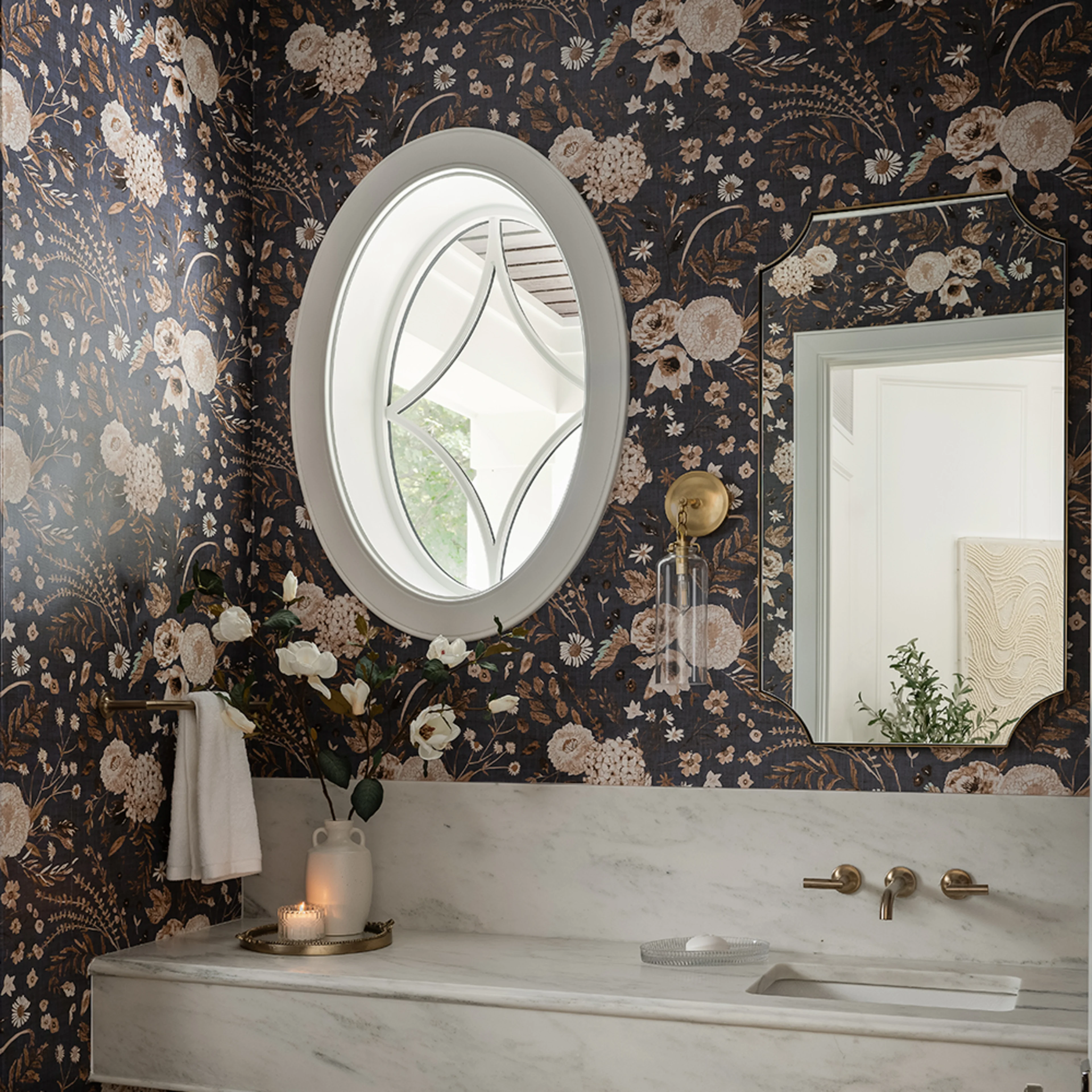 Bathroom with dark floral wallpaper