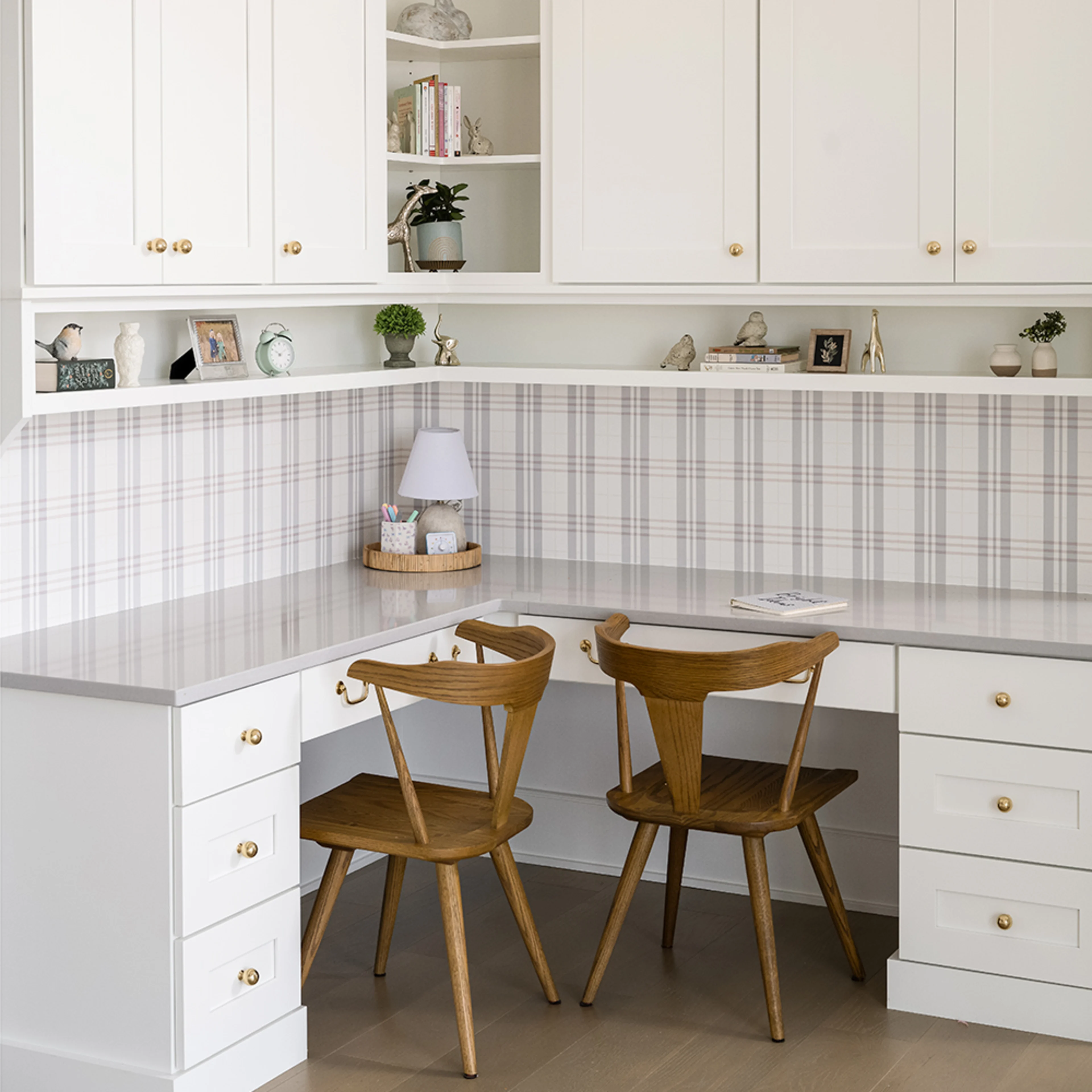 White plaid wallpaper in a home office.