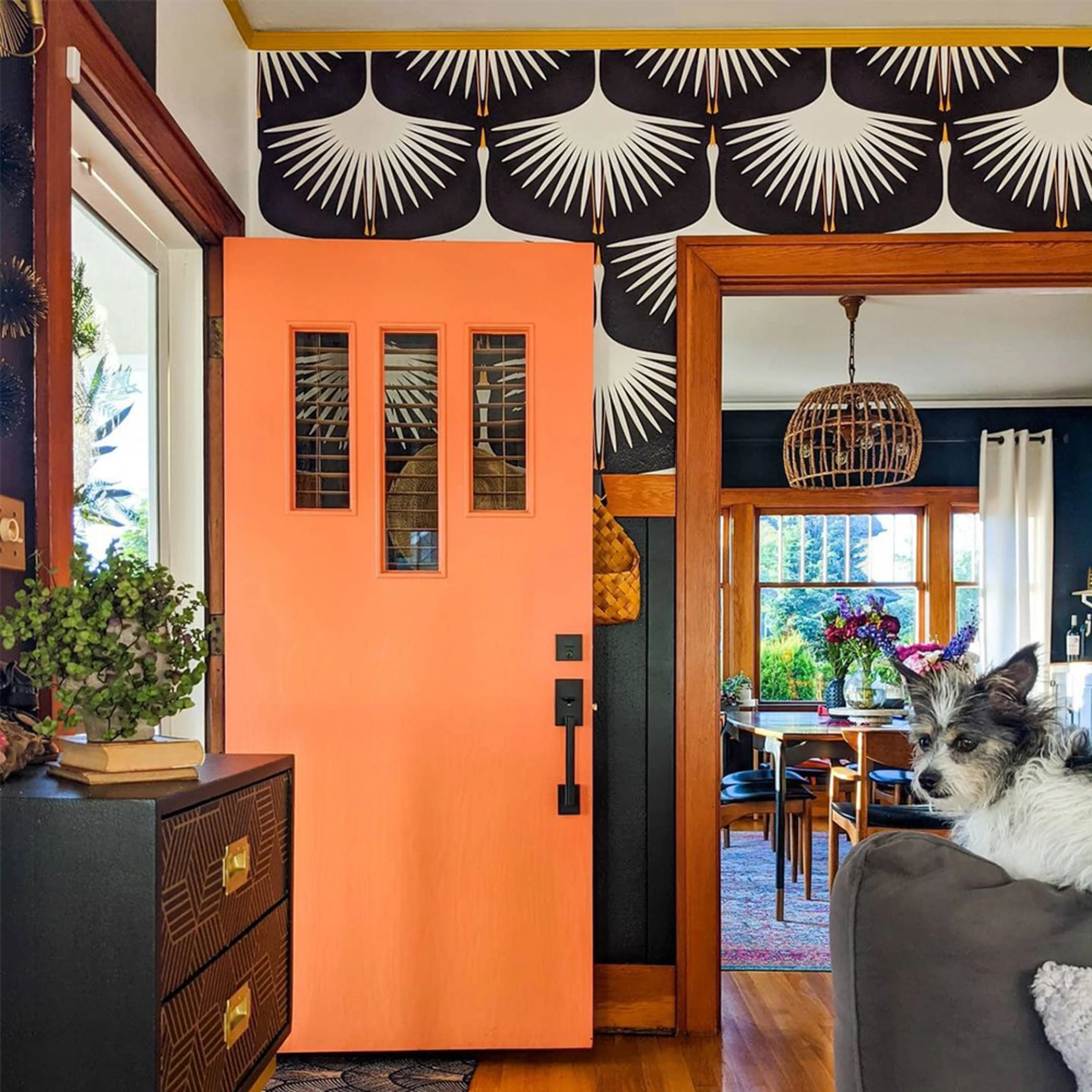 Entryway with black and white swans wallpaper and orange door.