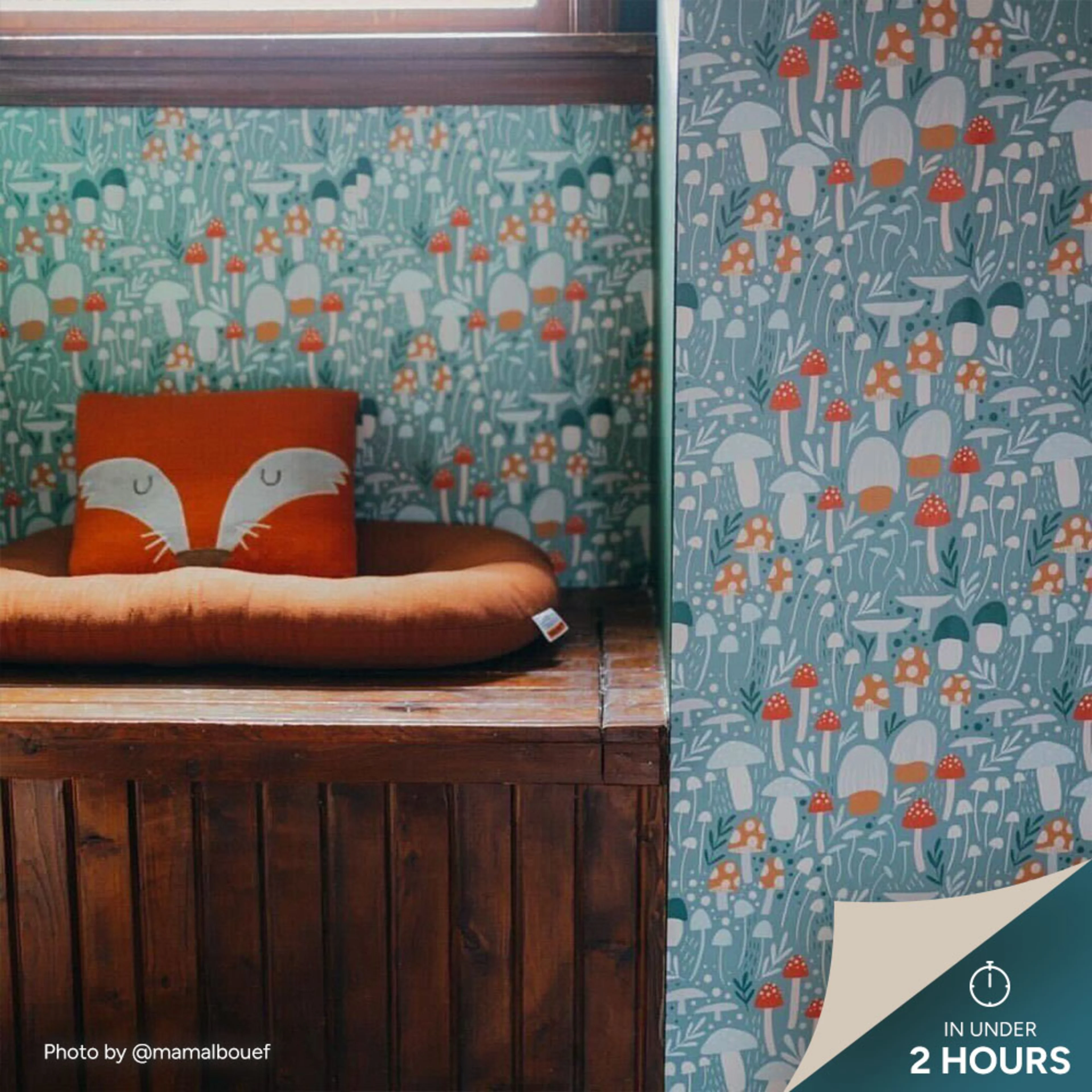 Kids area with blue mushroom wallpaper.