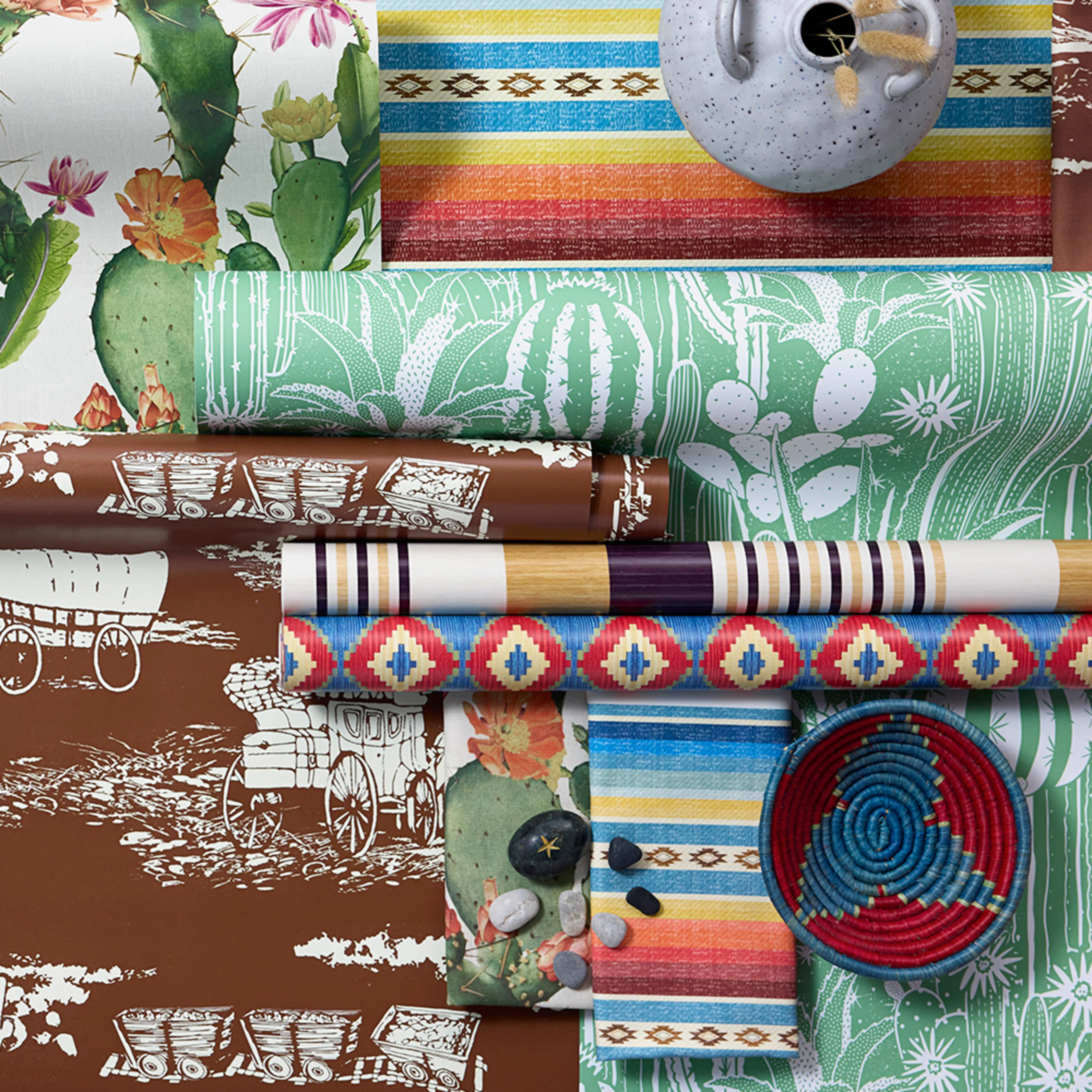 Rolls of western style wallpaper.