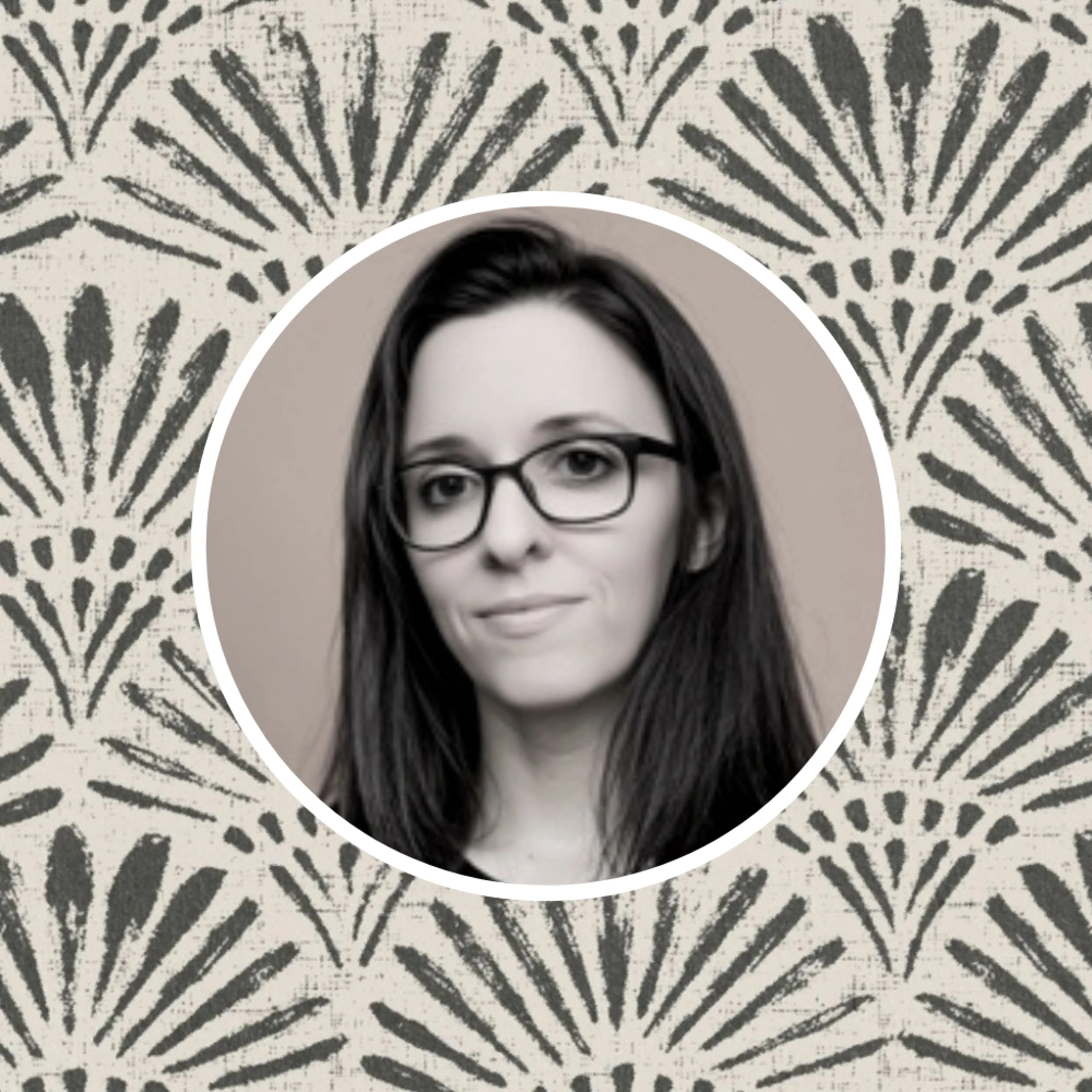 Headshot of Spoonflower artist Roberta  in front of one of her designs.